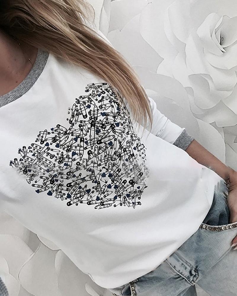 

Heart Pattern Contrast Binding Round Neck Long Sleeve Casual Sweatshirt, White