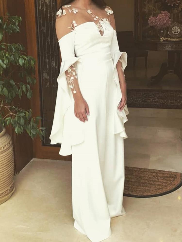 

Irregular Ruffles Sleeve Flower Applique Jumpsuits, White