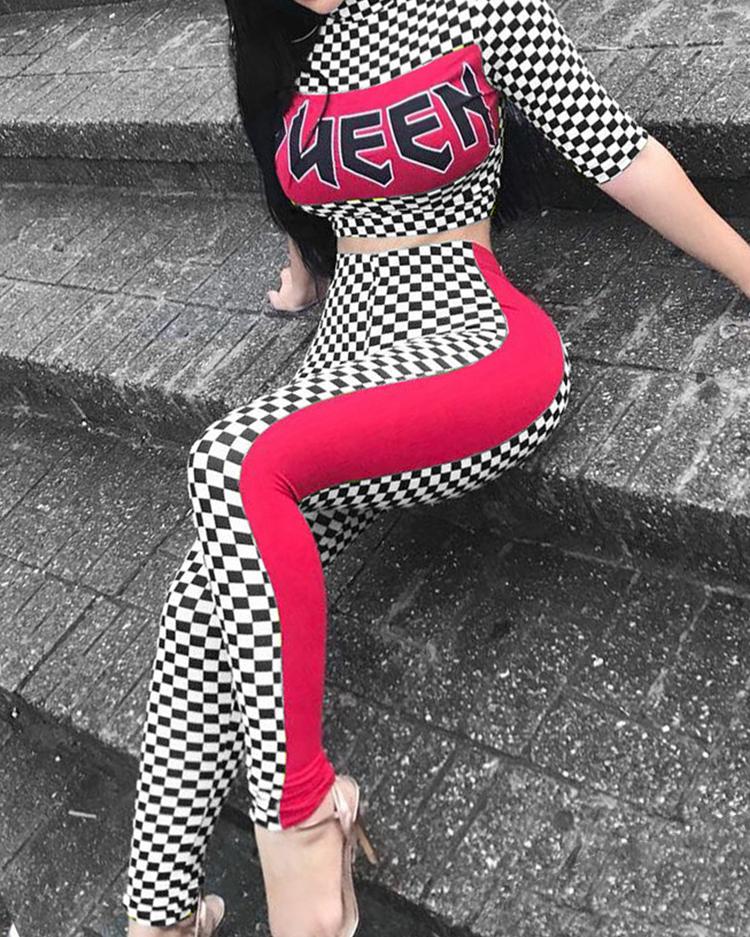 

Checkerboard Print Striped Tape Side Pants Set, Black