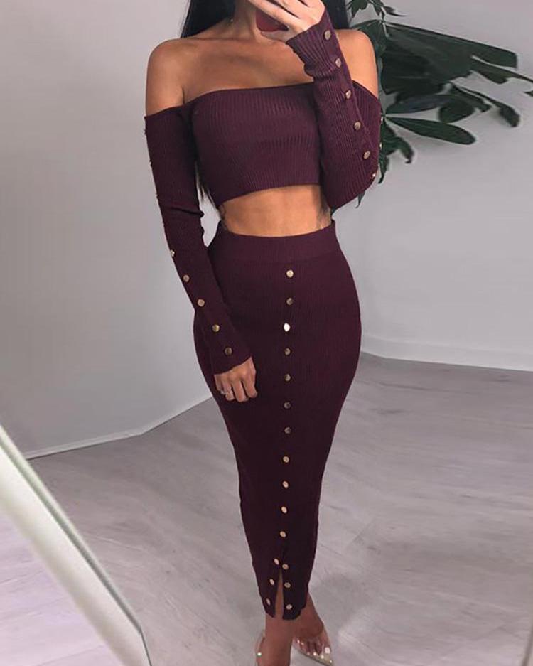 

Button Embellished Crop Top & Slit Skirt Sets