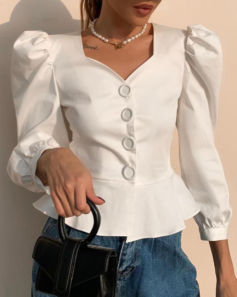 

Solid Buttoned Puff Sleeve Ruffles Blouse, White