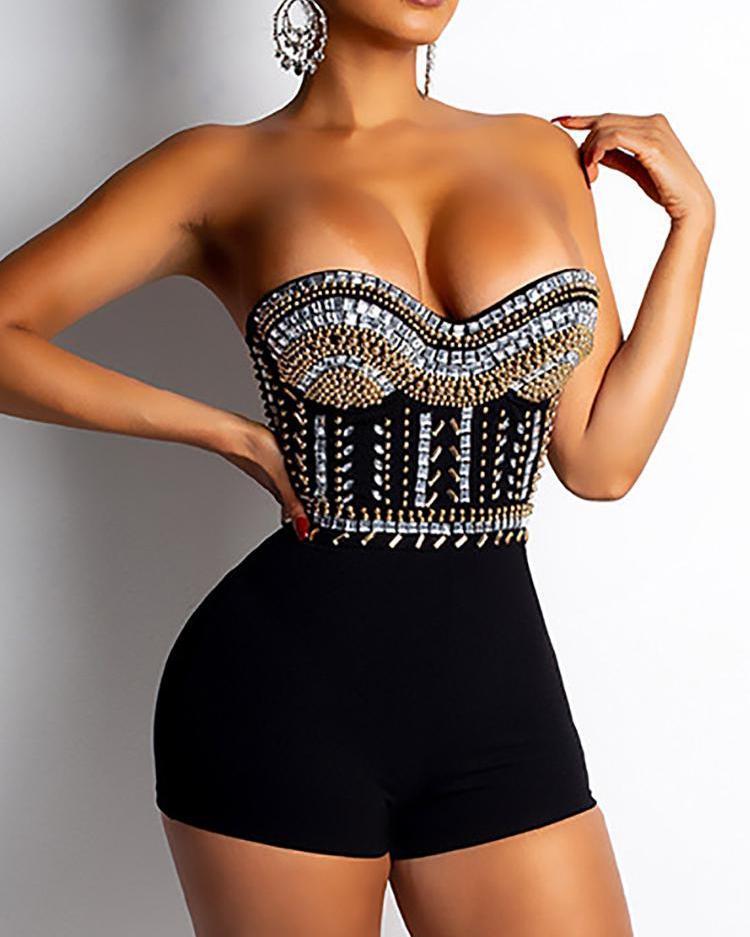 

Hot Drilling Sweetheart Neck Backless Romper, Black