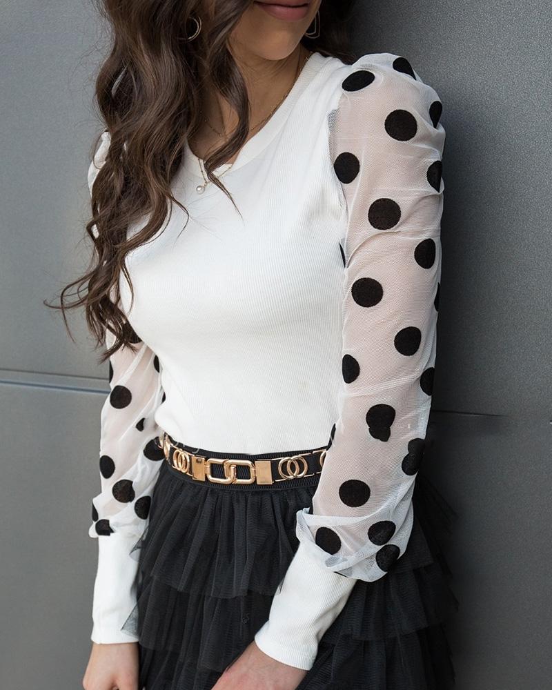 

Dot Mesh Ribbed Design Long Sleeve Blouse, White