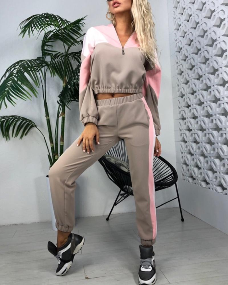 

Stand Collar Colorblock Zipper Design Top & Pants Sets