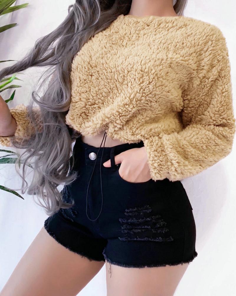 

Solid Long Sleeve Crop Teddy Fluffy Sweatshirt, Khaki