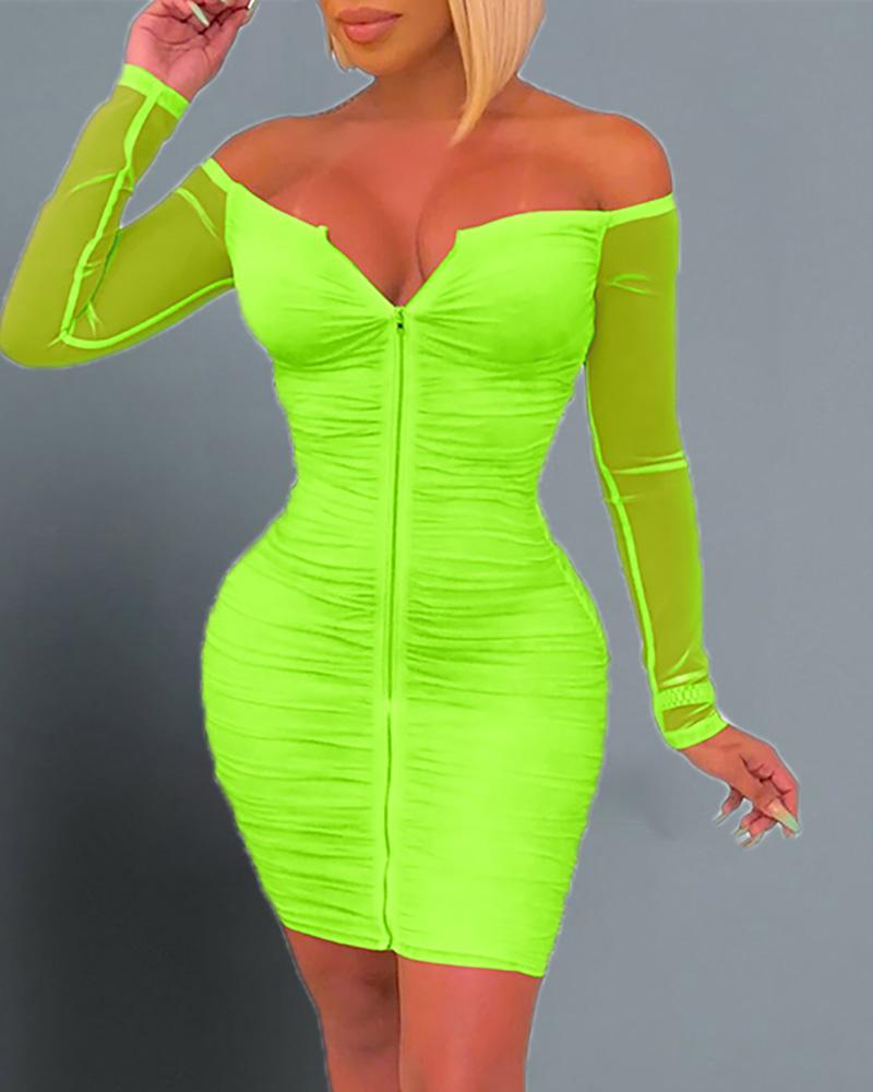 

Off Shoulder Ruched Bodycon Dress, Green