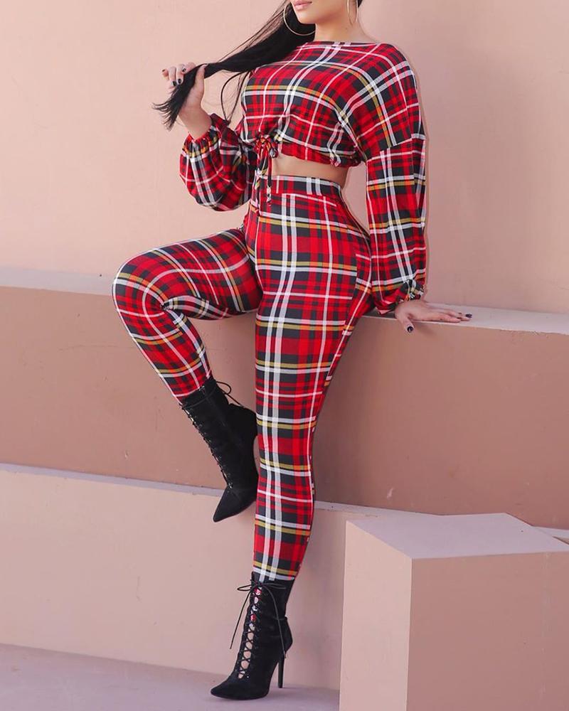 

Tie Front Lantern Sleeve Plaid Crop Top & High Waist Pants Set, Red