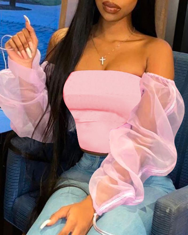 

Off Shoulder Sheer Mesh Crop Top, Pink