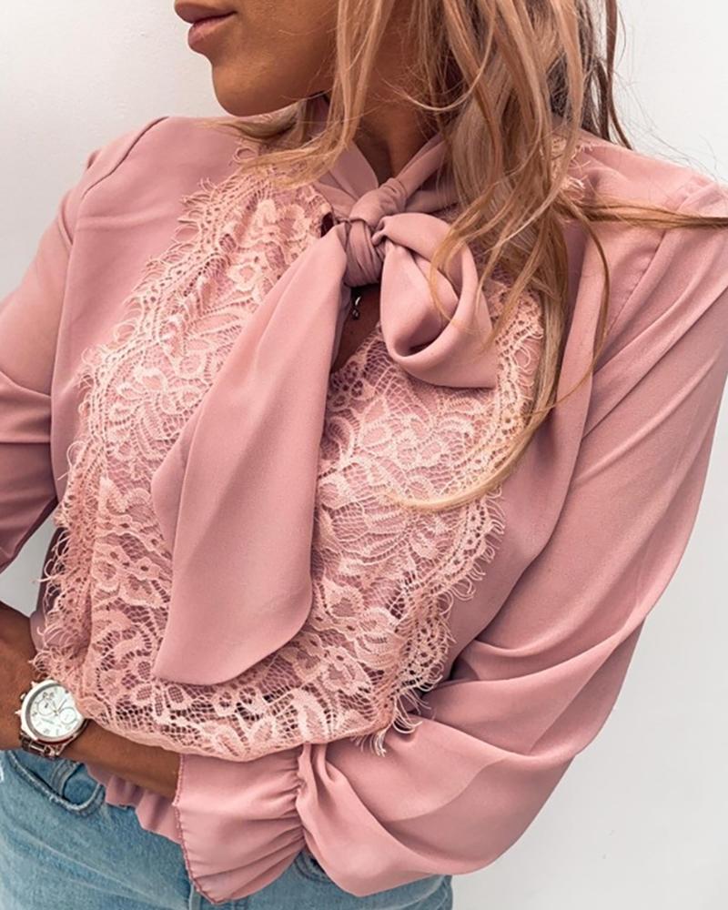 

Lace Patchwork Bowknot Design Blouse, Pink