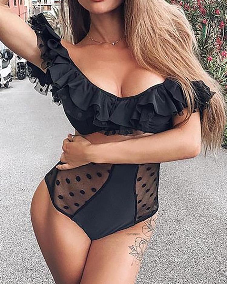 

Layered Ruffles Top & Dots Mesh Bottom Bikini Sets, Black