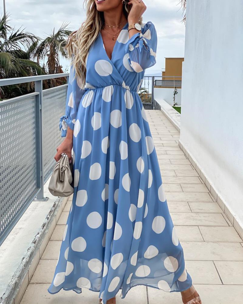 

Long Sleeve V-neck Dot Print Casual Dress, Blue