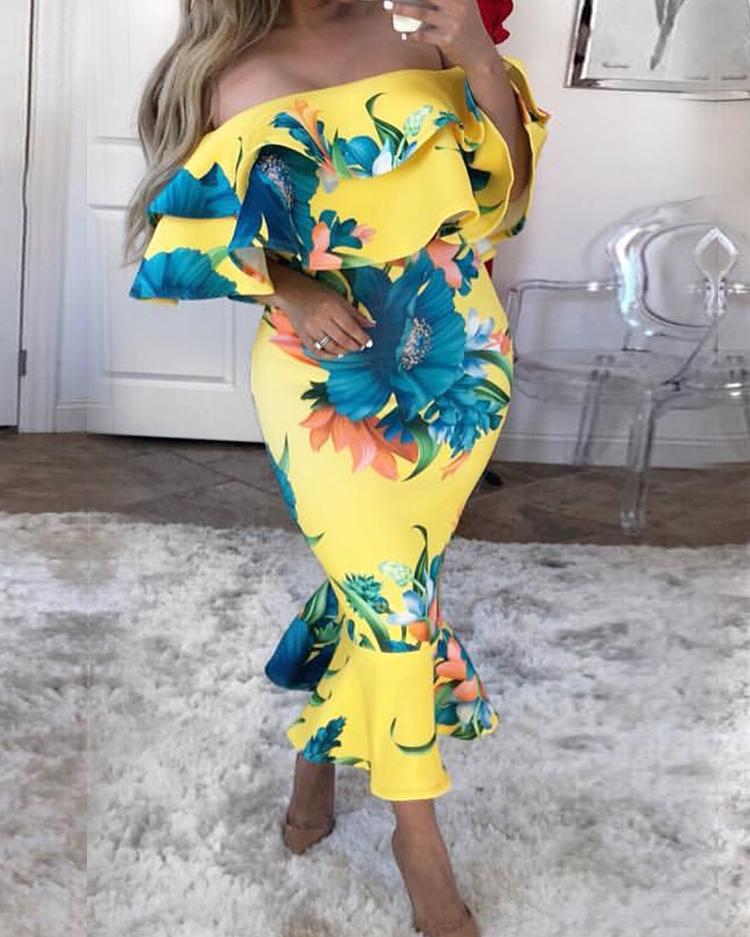 

Floral Print Ruffles Off Shoulder Fishtail Dress, Yellow