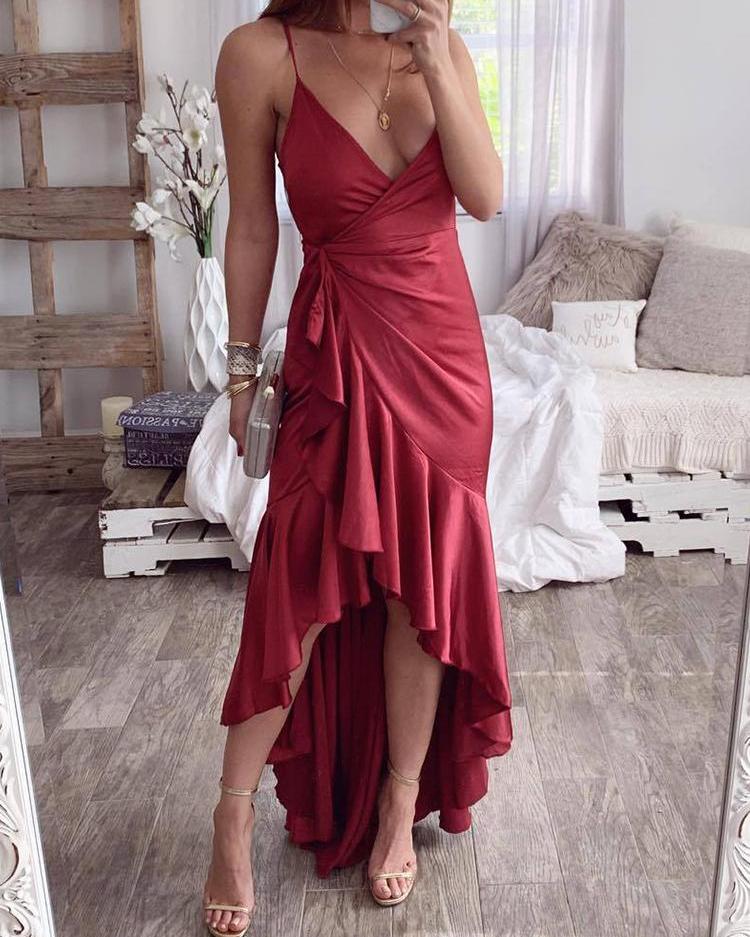 

Wrap Flounced Hem Irregular Evening Dress