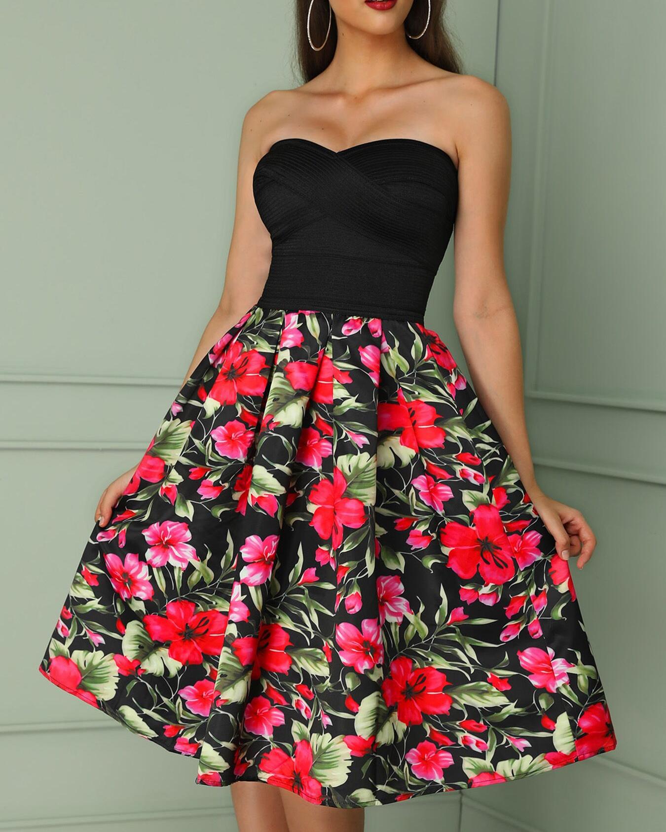 

Floral Print Pleated Bandage Tube Dress, Black