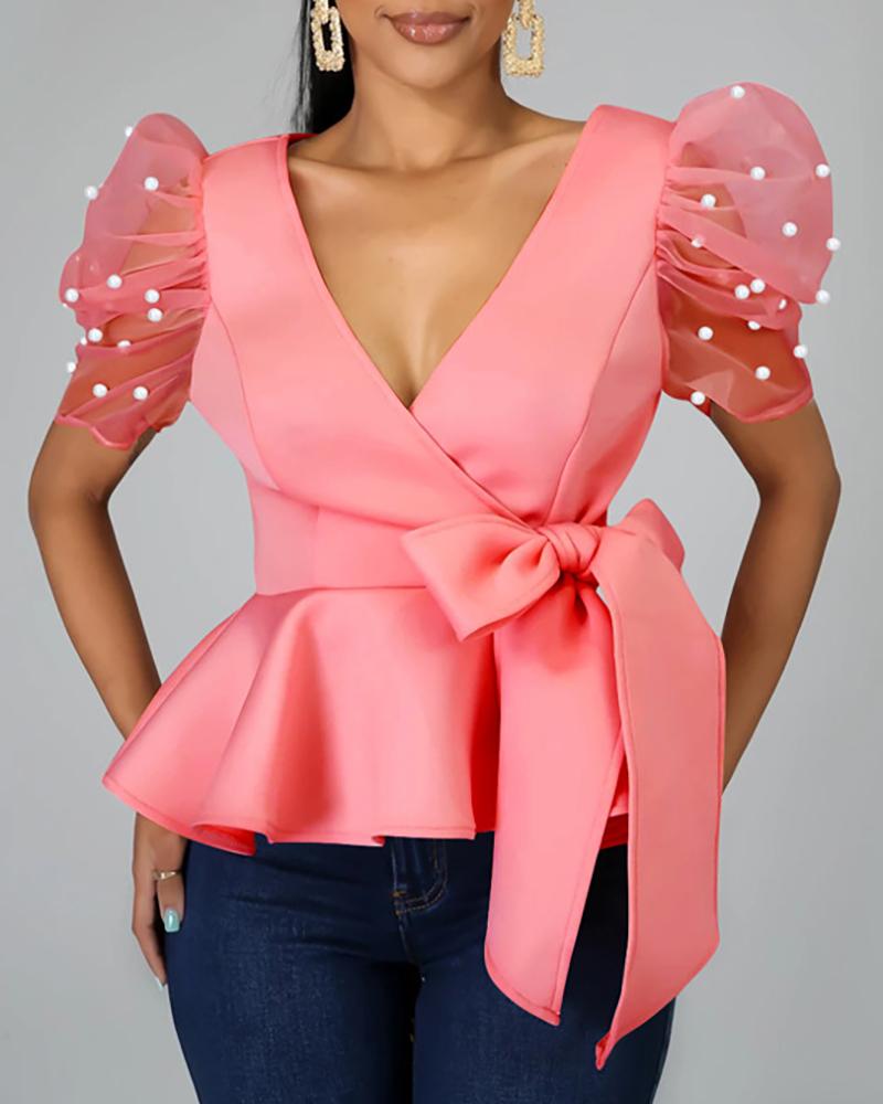 

Beaded Puffed Sleeve Ruffles Blouse, Pink