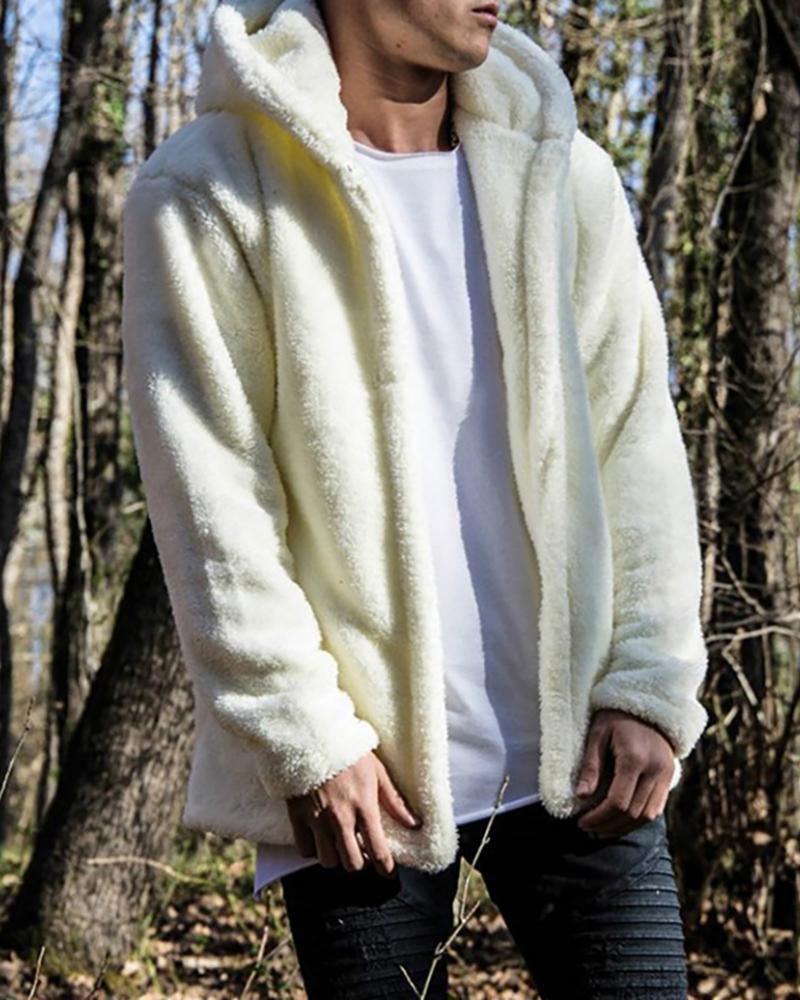 

Men Pocket Design Hooded Teddy Coat, White
