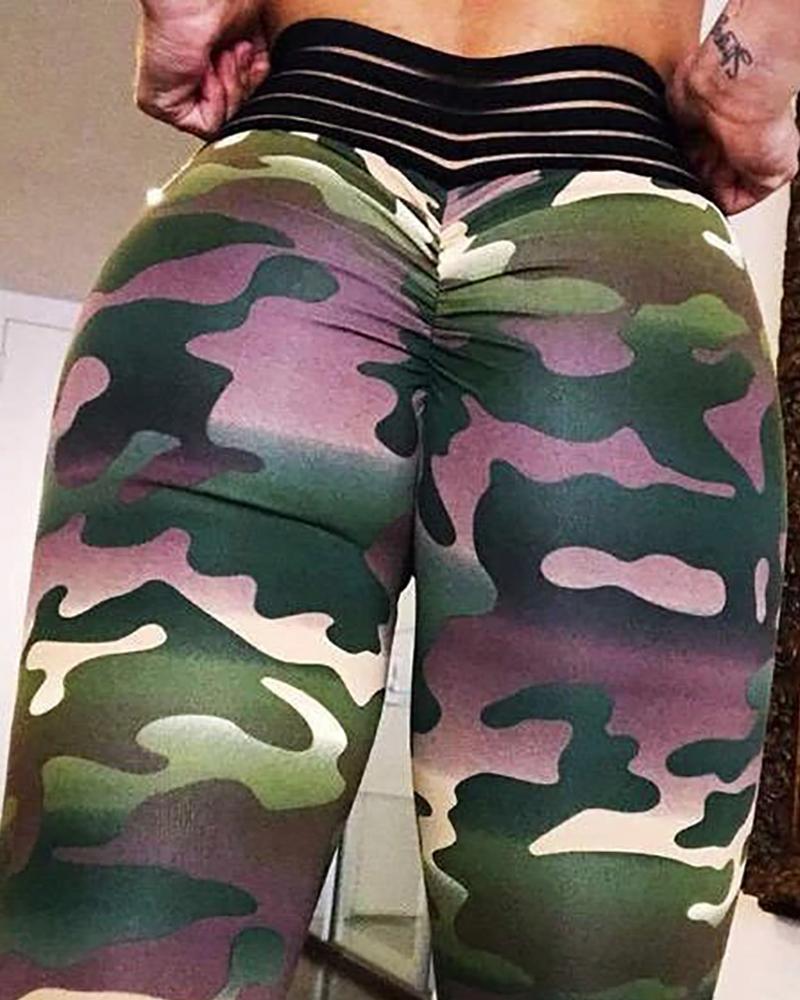 

High Waist Camouflage Print Ruched Sporty Pants, Army green