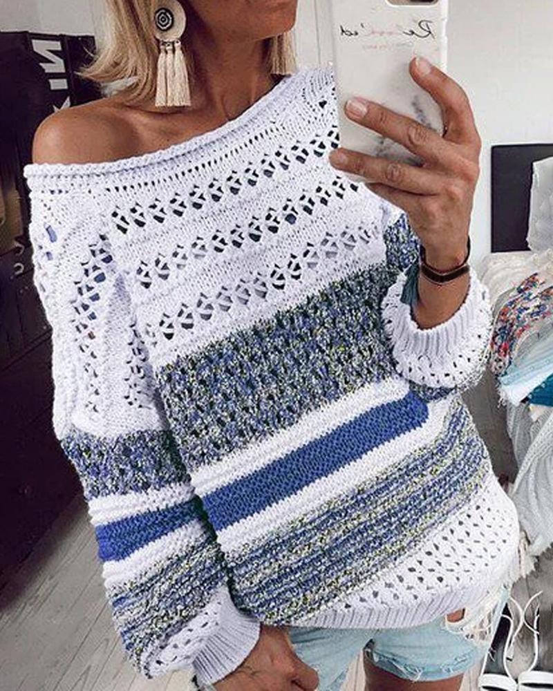 

Striped Colorblock Hollow Out Knit Sweater, Blue