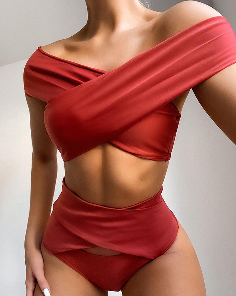 

Off Shoulder Crisscross Solid Bikini Set, Red