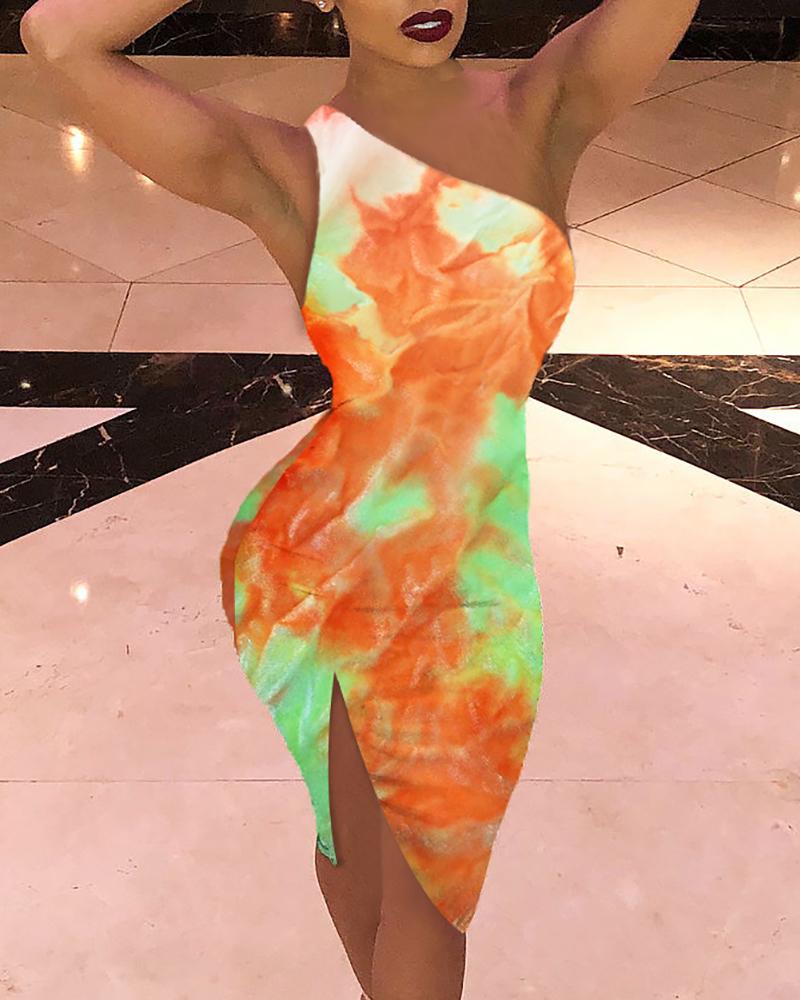 

One Shoulder Tie Dye Print Slit Side Bodycon Dress