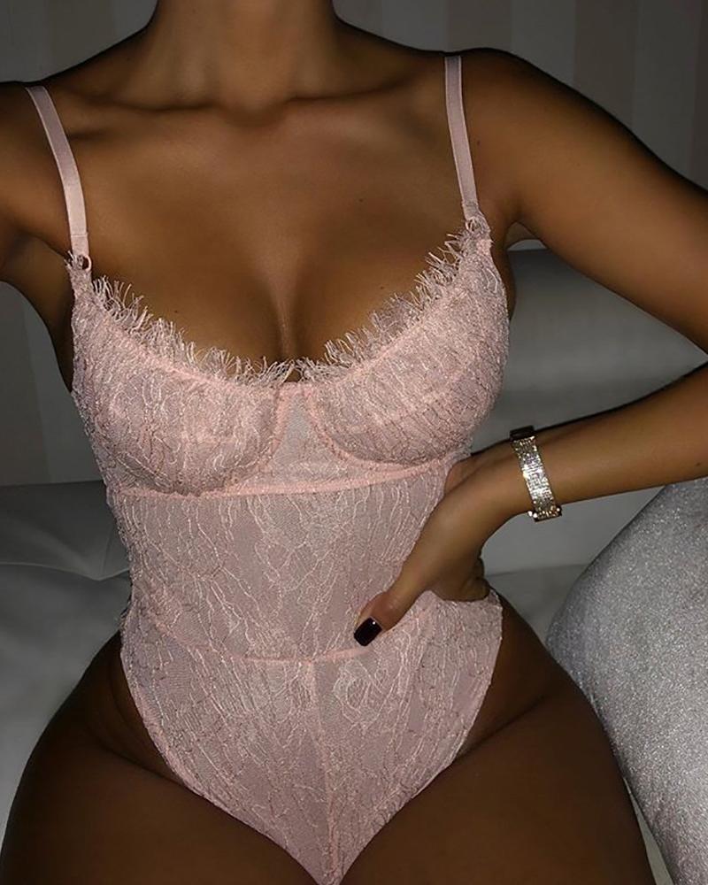 

Lace See Through Spaghetti Strap Backless Bodysuit, Pink