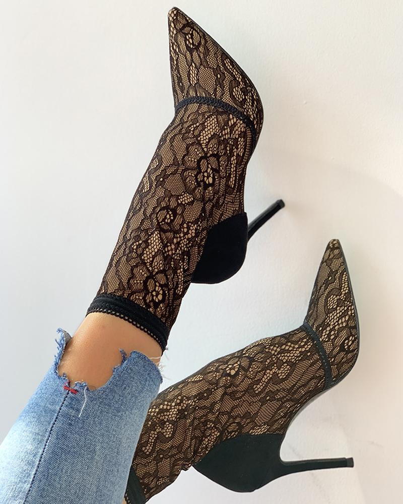 

Lace Suede Pointed Toe Thin Heeled Boots, Black