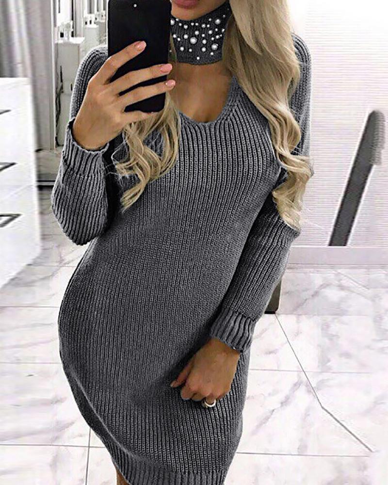 

Solid High Neck Beaded Cut Out Sweater Dress, Gray
