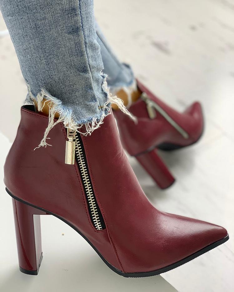 

Side Zipper Design Chunky Heeled Boot, Wine red