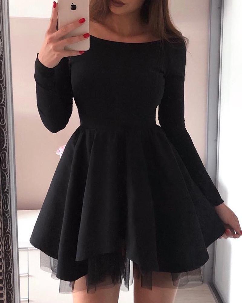 

Off Shoulder Layered Mesh Pleated Dress, Black