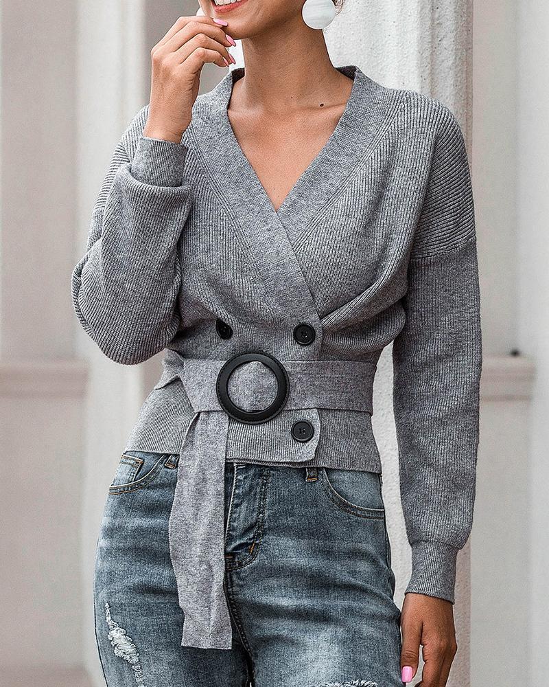 

Casual V-neck Double Breasted Sweater, Gray