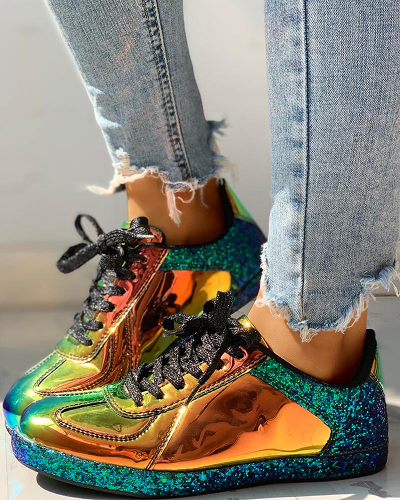 

Glitter Colorblock Lace-up Sneakers, Gold
