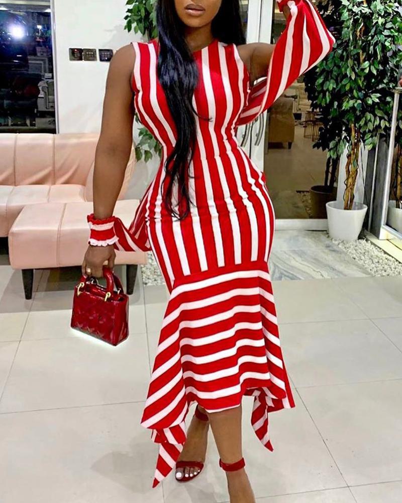 

Sleeveless Striped Fishtail Midi Dress, Red