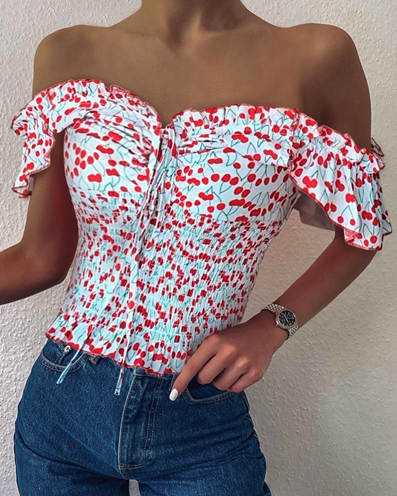 

Off Shoulder Floral Print Frill Hem T-shirt, Red