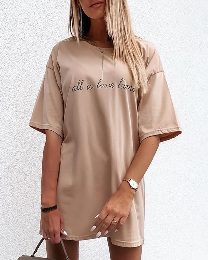 

Letter Pattern Short Sleeve Casual T-shirt Dress, Nude