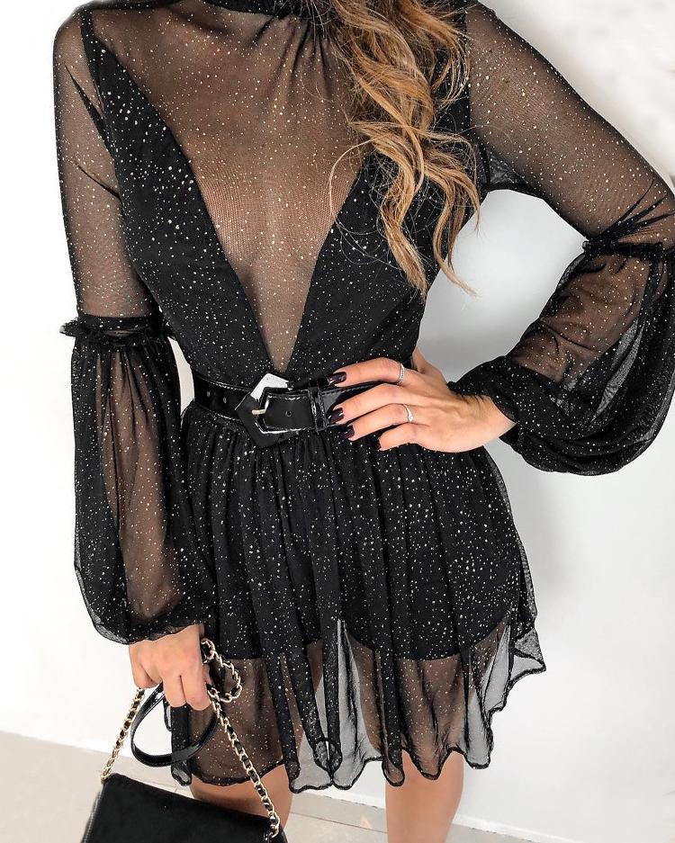 

Sheer Mesh Pleated Culottes Design Romper, Black