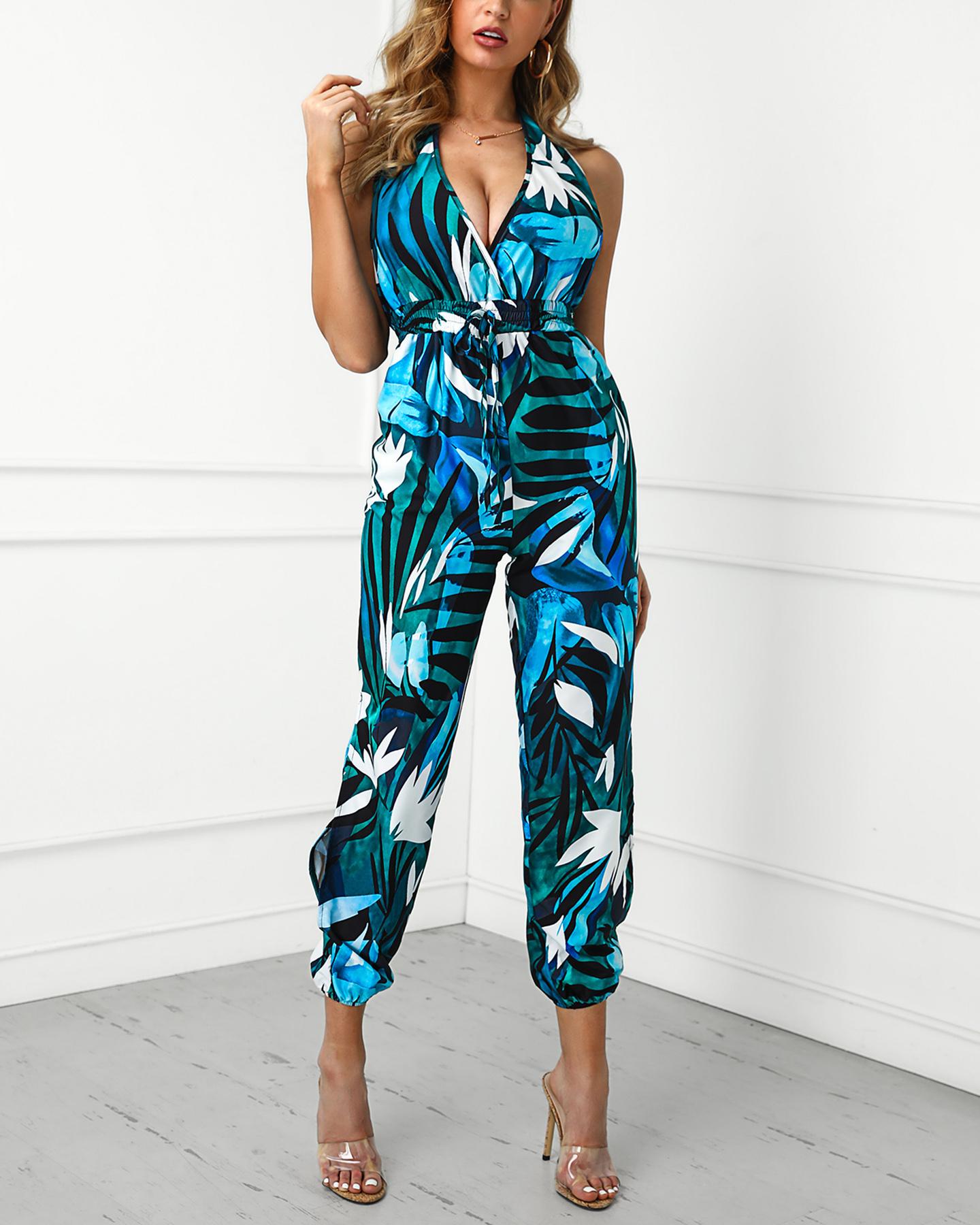 

Tropical Print Deep V Halter Backless Jumpsuits, Green