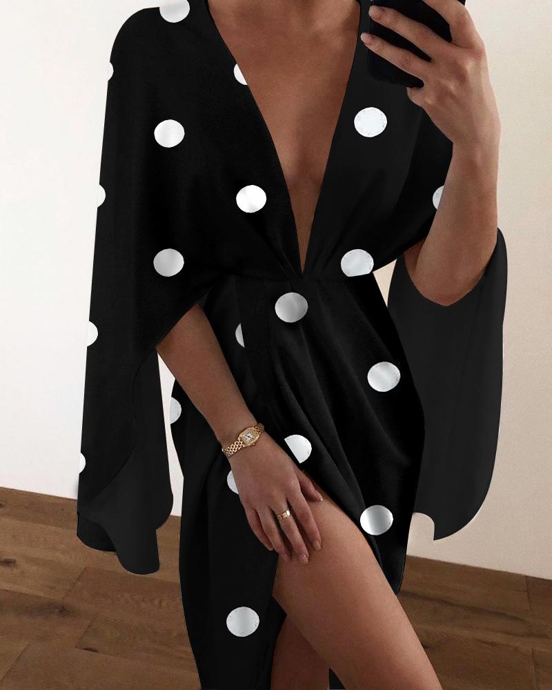 

Polka Dot Print Slit Cape Sleeve Dress, Black