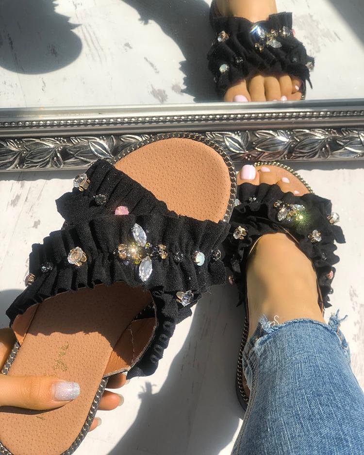 

Fashion Shiny Crisscross Peep Toe Slippers, Black