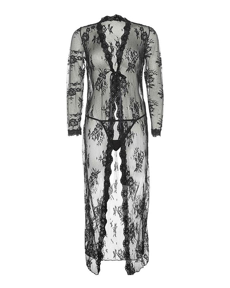 

Sheer Mesh Lace Long Sleeve Robe With Panty, Black