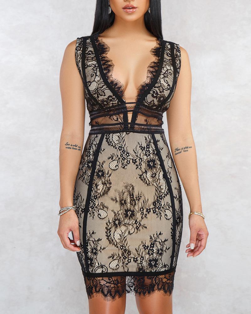 

V-Neck Eyelash Lace Bodycon Dress, Black