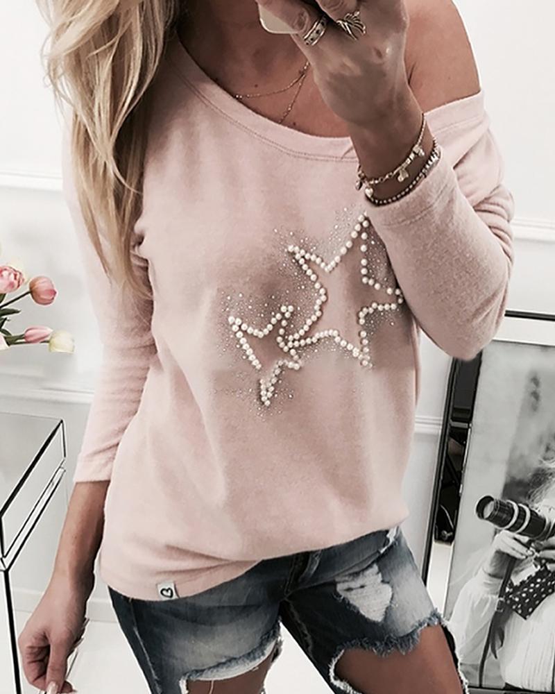 

Star Beaded Design Casual Sweatshirt, Pink