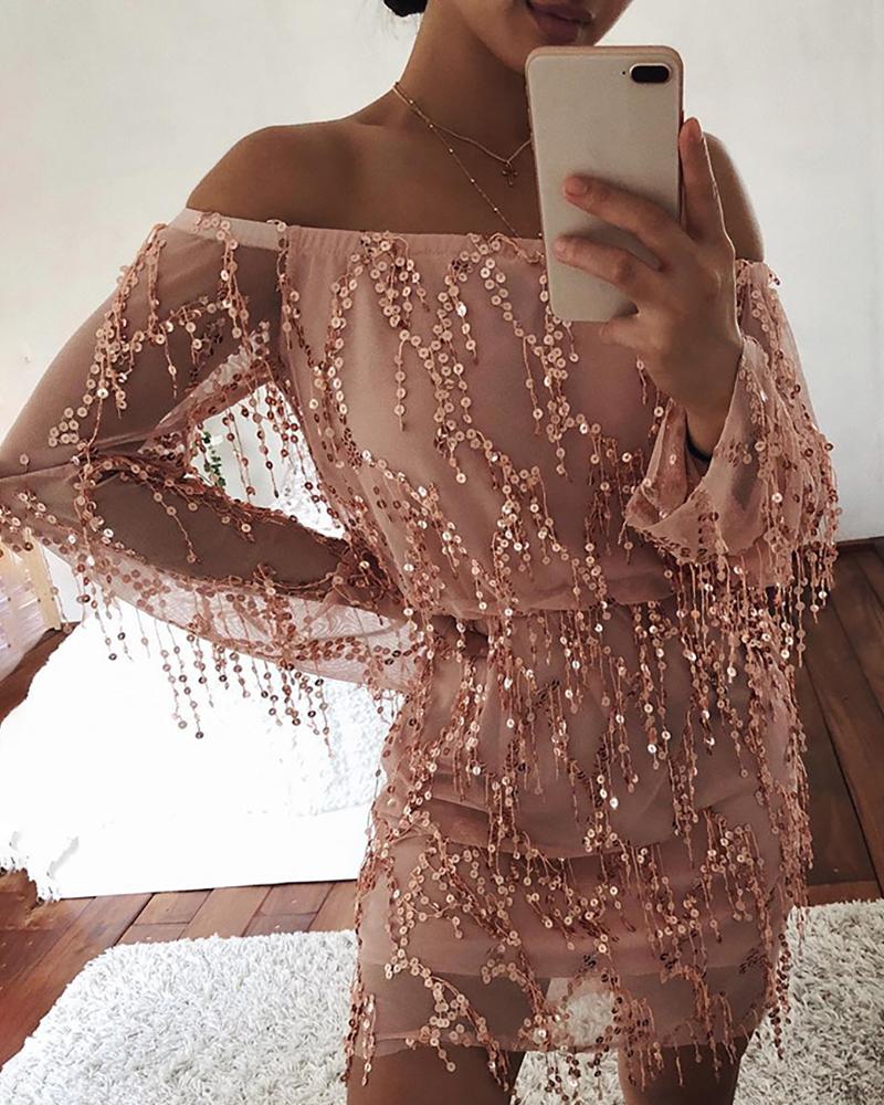 

Off Shoulder Tassel Sequins Bodycon Dress, Pink