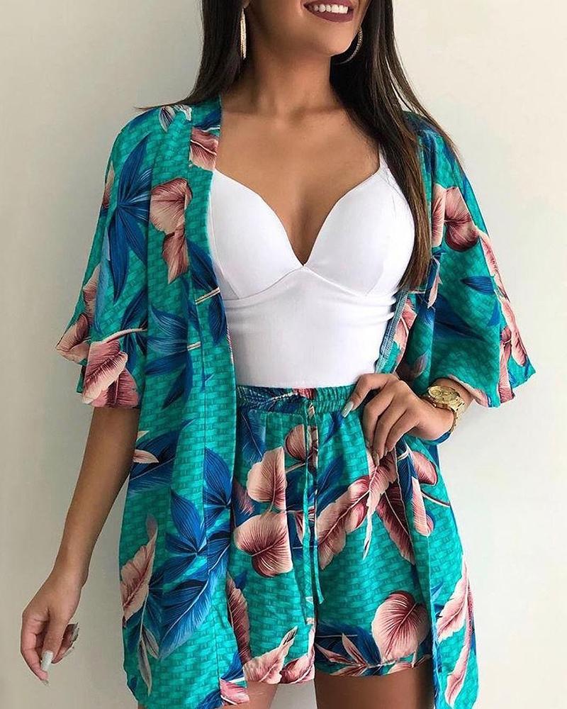 

Print Half Sleeve Coat & Shorts Sets, Green