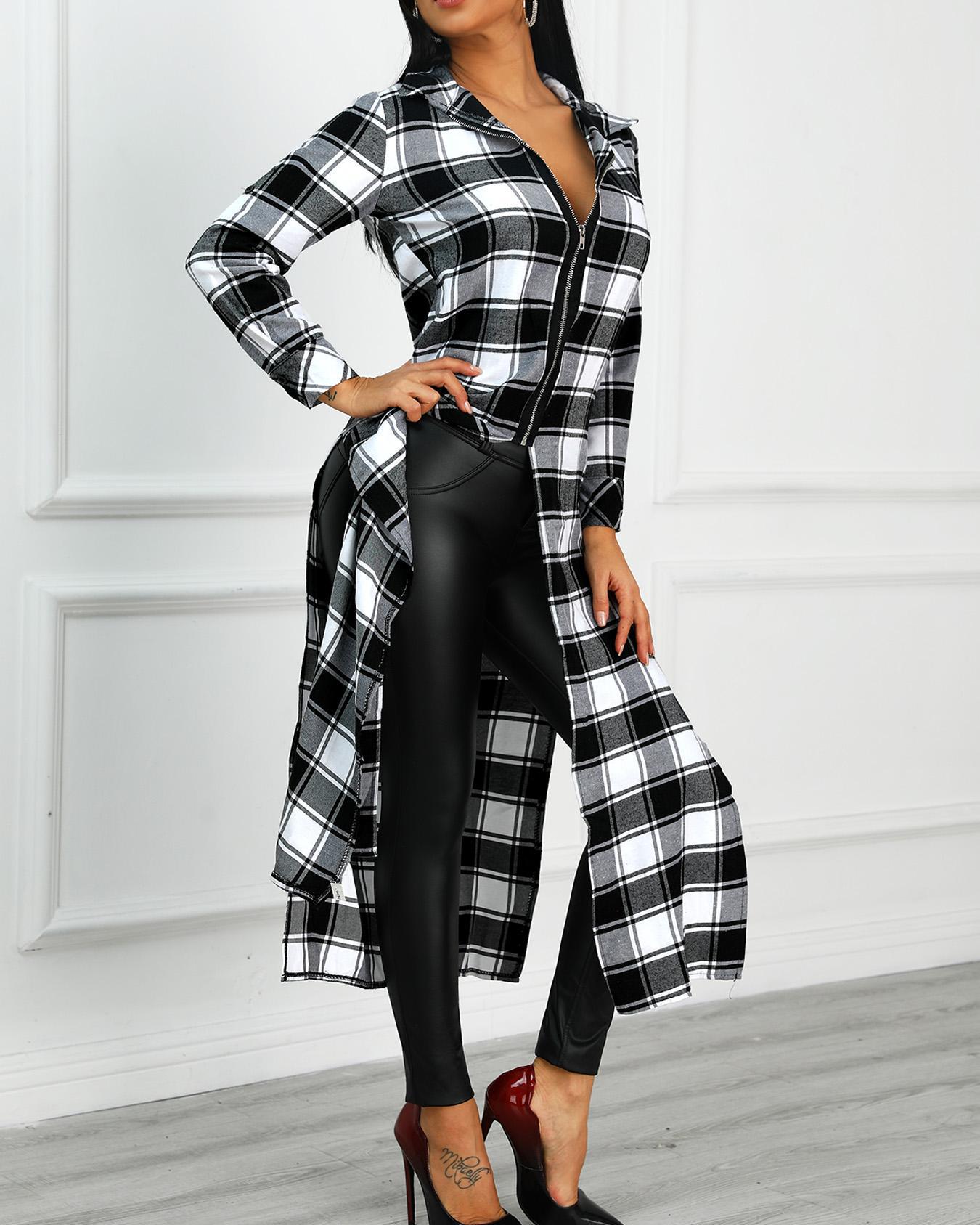 

Plaid Long Sleeve Slit Long Shirt, Black