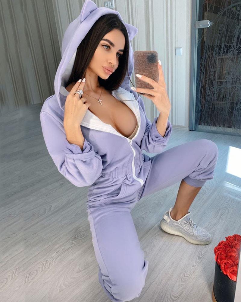 

Pocket Zipper Design Long Sleeve Hooded Jumpsuit, Purple