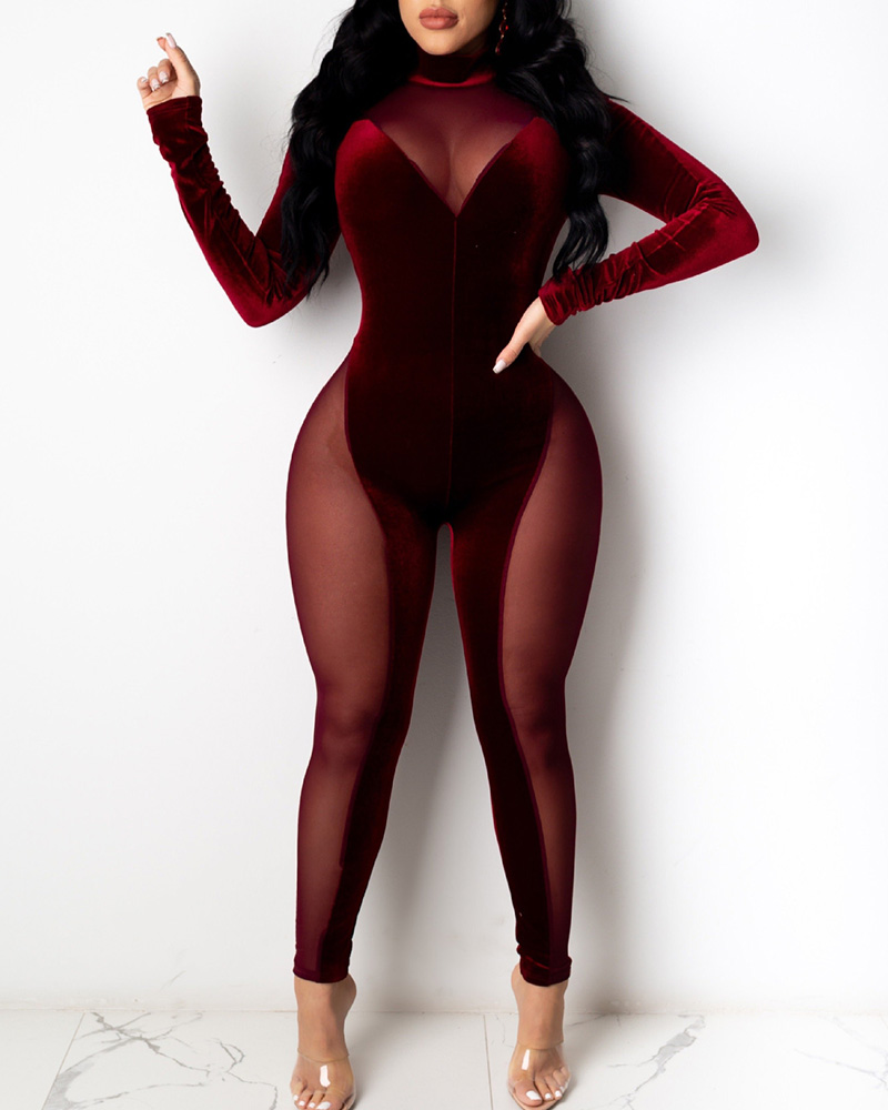 

Velvet Sheer Mesh Long Sleeve Jumpsuit, Wine red