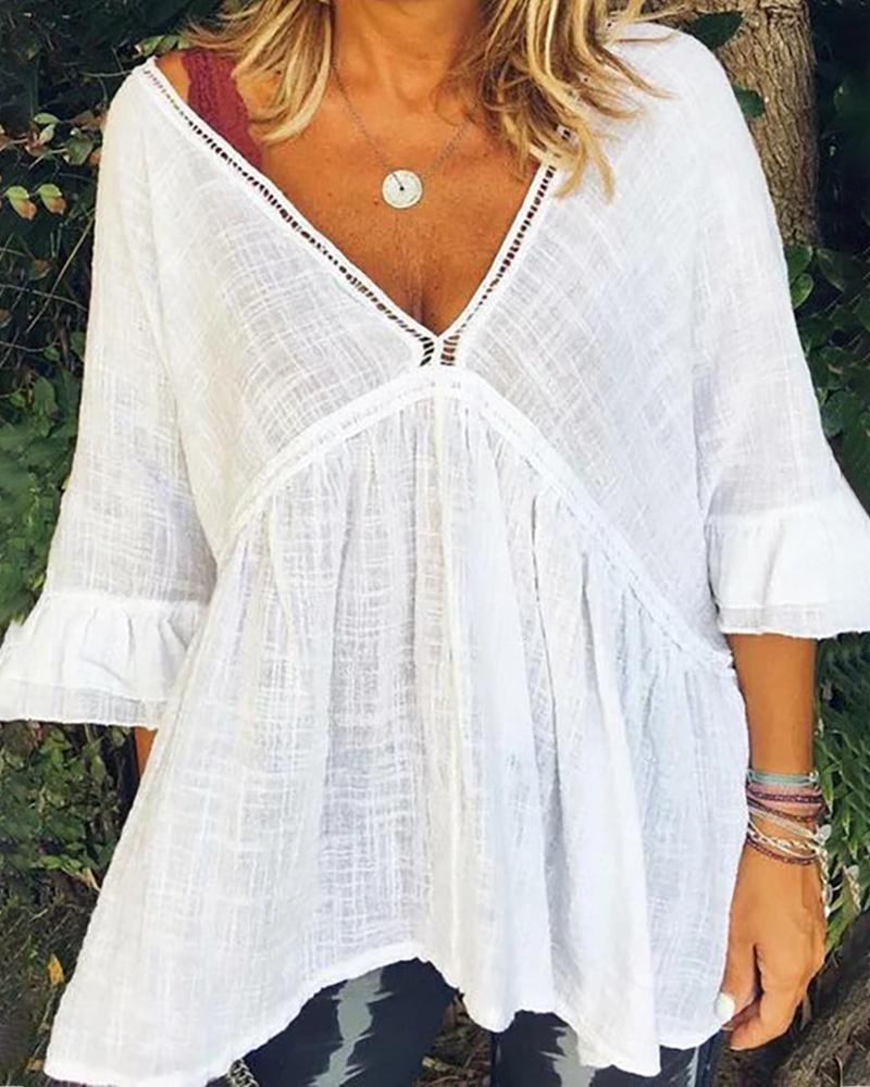 

V-neck Hollow Out Half Sleeve Casual Top, White