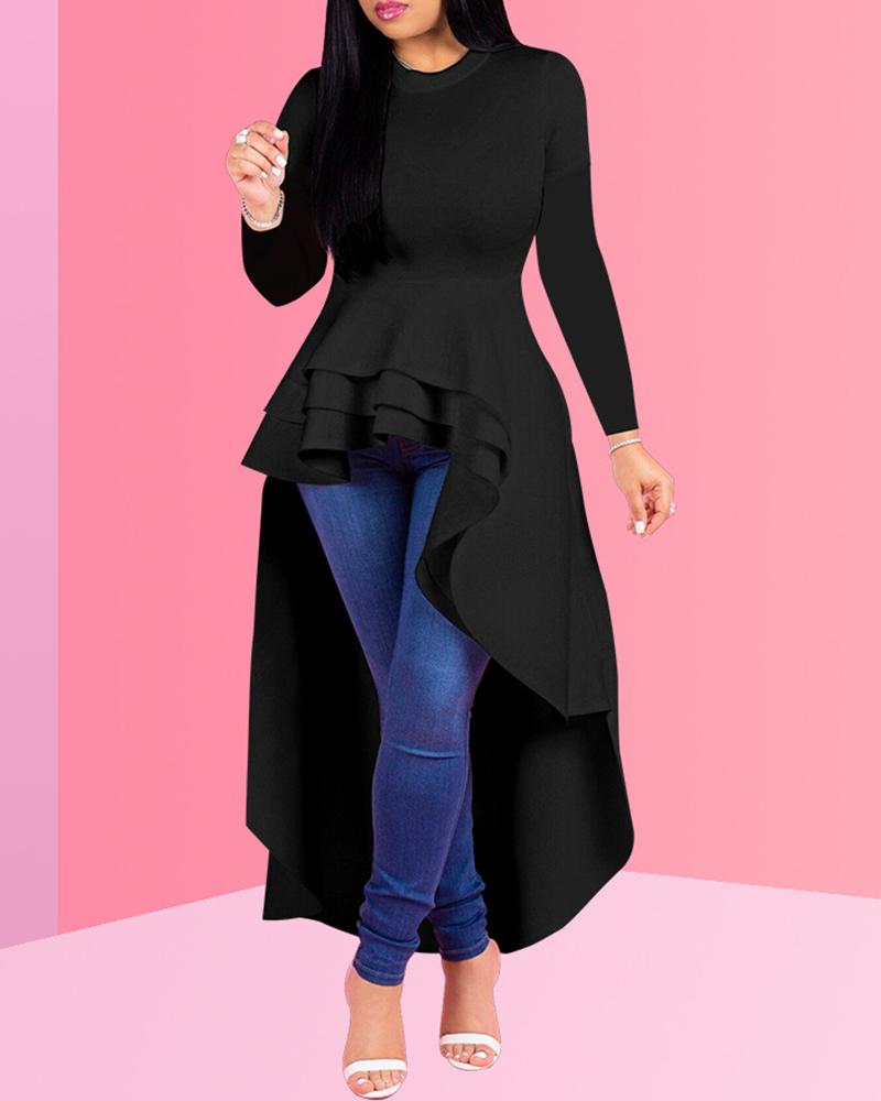 

Solid Ruffles Dip Hem Long Sleeve Blouse, Black