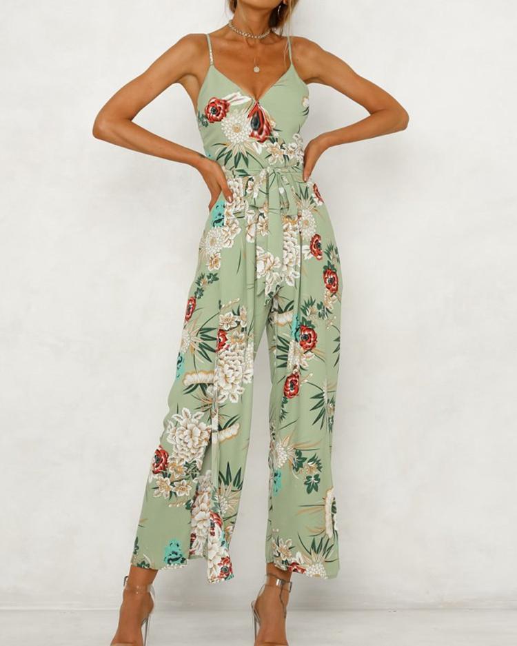 

Floral Print Tied Waist Slit Spaghetti Strap Jumpsuit, Green