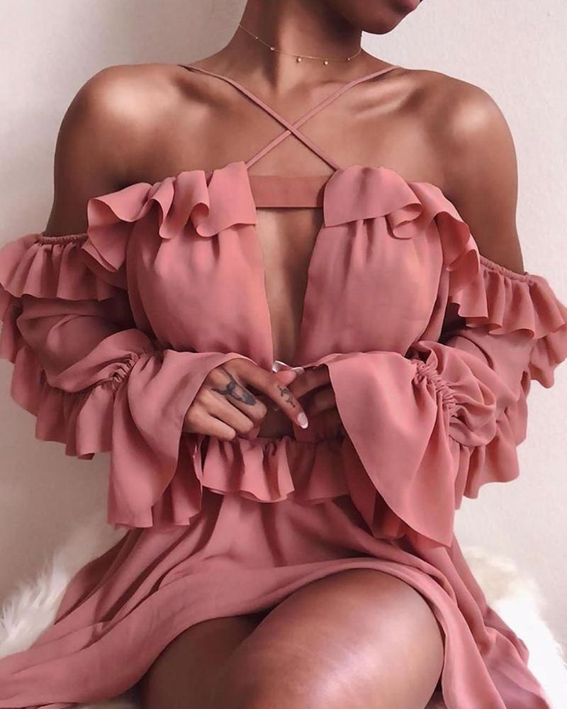 

Halter Cold Shoulder Ruffles Casual Dress, Pink
